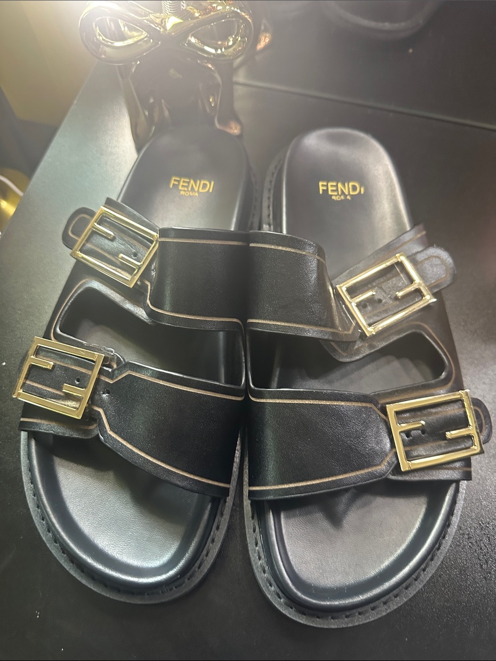 Fendi Black Leather Double-Buckle Slide Sandals with Gold Buckles